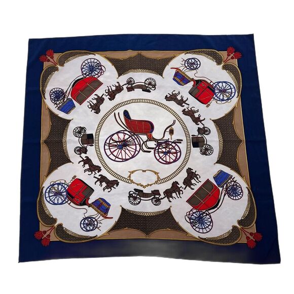 Vintage Scarf Silk Victorian Horse Carriage 34” Square Navy Blue Red Equestrian - Picture 1 of 7